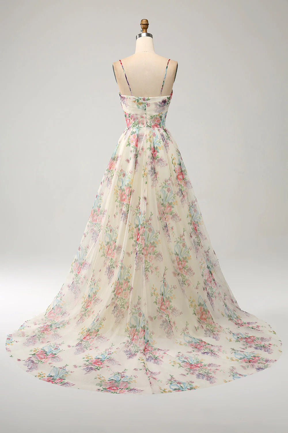 Vestido de fiesta color marfil estampado con abertura y corte A